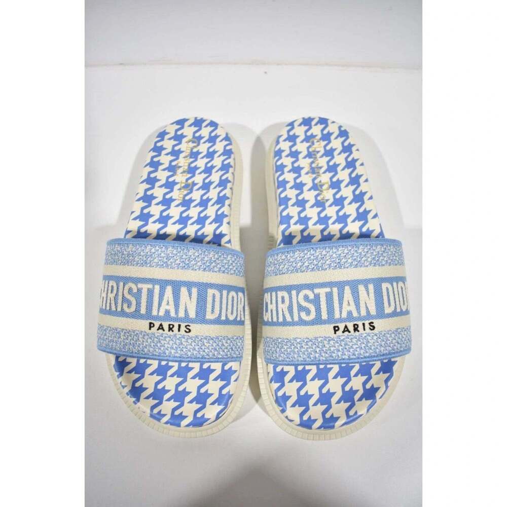Christian Dior Dway Blue White Logo Houndstooth Slide Mule Flat Flop Sandal 37.5 - Picture 7 of 12